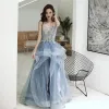 Elegant Ocean Blue Dancing Prom Dresses 2020 A-Line / Princess Spaghetti Straps Sleeveless Appliques Lace Beading Floor-Length / Long Ruffle Backless Formal Dresses