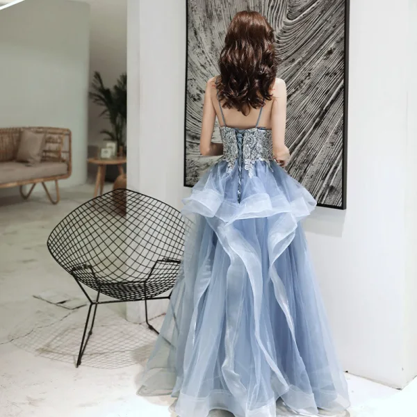 Elegant Ocean Blue Dancing Prom Dresses 2020 A-Line / Princess Spaghetti  Straps Sleeveless Appliques Lace Beading Floor-Length / Long Ruffle  Backless Formal Dresses