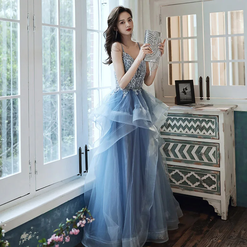 open lace back dress Ocean Blue Strapless Ruched Floor Length Prom Dress with Slit main image 0