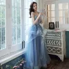 Elegant Ocean Blue Dancing Prom Dresses 2020 A-Line / Princess Spaghetti Straps Sleeveless Appliques Lace Beading Floor-Length / Long Ruffle Backless Formal Dresses