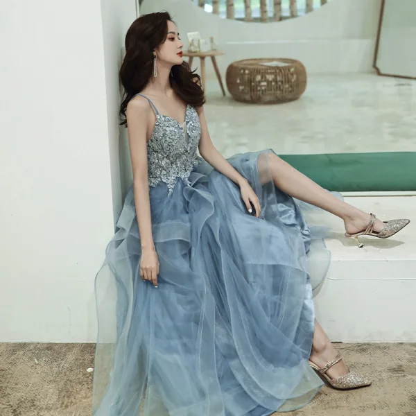 Elegant Ocean Blue Dancing Prom Dresses 2020 A-Line / Princess Spaghetti Straps Sleeveless Appliques Lace Beading Floor-Length / Long Ruffle Backless Formal Dresses