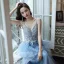 Elegant Ocean Blue Dancing Prom Dresses 2020 A-Line / Princess Spaghetti Straps Sleeveless Appliques Lace Beading Floor-Length / Long Ruffle Backless Formal Dresses