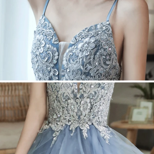 Elegant Ocean Blue Dancing Prom Dresses 2020 A-Line / Princess Spaghetti Straps Sleeveless Appliques Lace Beading Floor-Length / Long Ruffle Backless Formal Dresses