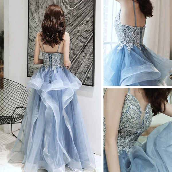 Elegant Ocean Blue Dancing Prom Dresses 2020 A-Line / Princess Spaghetti Straps Sleeveless Appliques Lace Beading Floor-Length / Long Ruffle Backless Formal Dresses