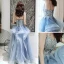 Elegant Ocean Blue Dancing Prom Dresses 2020 A-Line / Princess Spaghetti Straps Sleeveless Appliques Lace Beading Floor-Length / Long Ruffle Backless Formal Dresses