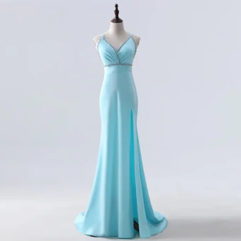 Fashion Pool Blue Evening Dresses 2020 Trumpet Mermaid Spaghetti Straps Sleeveless Sequins Split Front Sweep Train Backless Formal Dresses