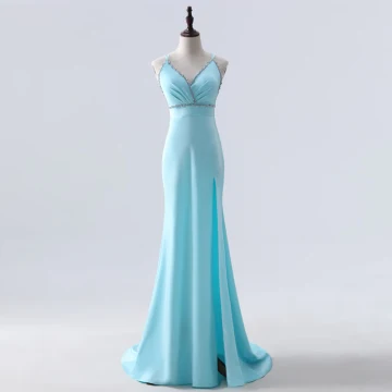 Mode Bleu Robe De Soirée 2020 Trompette Sirène Bretelles Spaghetti Sans Manches Paillettes Fendue Devant Train De Balayage Dos Nu Robe De Ceremonie