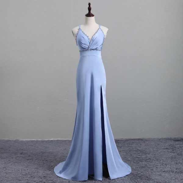 Mode Blau Abendkleider 2020 Meerjungfrau Spaghettiträger Ärmellos Pailletten Gespaltete Front Sweep / Pinsel Zug Rückenfreies Festliche Kleider