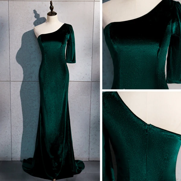 Erschwinglich Dunkelgrün Velour Abendkleider 2020 Meerjungfrau One-Shoulder 1/2 Ärmel Sweep / Pinsel Zug Rückenfreies Festliche Kleider