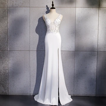 Sexy Blanche Transparentes Robe De Soirée 2020 Trompette Sirène V Cou Sans Manches Perlage Fendue Devant Longue Dos Nu Robe De Ceremonie