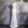 Sexy Blanche Transparentes Robe De Soirée 2020 Trompette / Sirène V-Cou Sans Manches Perlage Fendue devant Longue Dos Nu Robe De Ceremonie