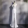 Sexy Blanche Transparentes Robe De Soirée 2020 Trompette / Sirène V-Cou Sans Manches Perlage Fendue devant Longue Dos Nu Robe De Ceremonie