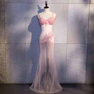 Sexy Pink Durchsichtige Abendkleider 2020 Meerjungfrau Spaghettiträger Ärmellos Applikationen Blumen Perlenstickerei Perle Strass Lange Rückenfreies Festliche Kleider