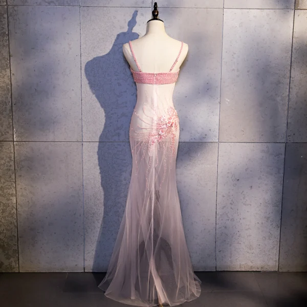 Sexy Rose Bonbon Transparentes Robe De Soirée 2020 Trompette / Sirène Bretelles Spaghetti Sans Manches Appliques Fleur Perlage Perle Faux Diamant Longue Dos Nu Robe De Ceremonie