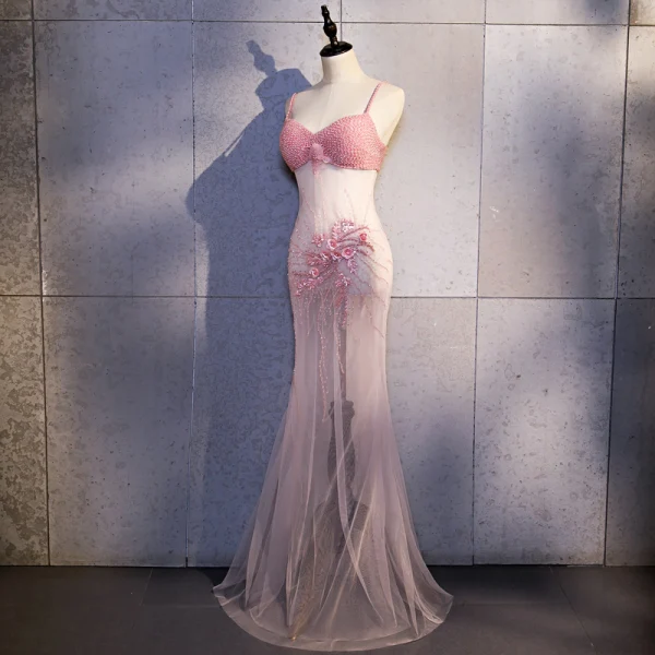 Sexy Rose Bonbon Transparentes Robe De Soirée 2020 Trompette / Sirène Bretelles Spaghetti Sans Manches Appliques Fleur Perlage Perle Faux Diamant Longue Dos Nu Robe De Ceremonie