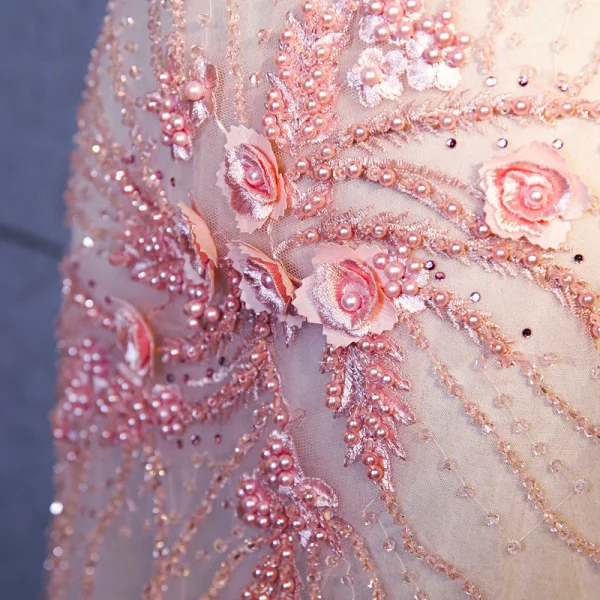 Sexy Rose Bonbon Transparentes Robe De Soirée 2020 Trompette / Sirène Bretelles Spaghetti Sans Manches Appliques Fleur Perlage Perle Faux Diamant Longue Dos Nu Robe De Ceremonie