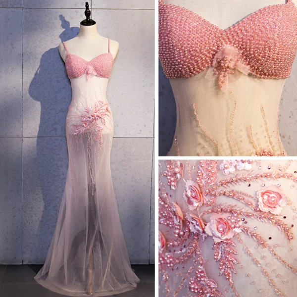 Sexy Rose Bonbon Transparentes Robe De Soirée 2020 Trompette / Sirène Bretelles Spaghetti Sans Manches Appliques Fleur Perlage Perle Faux Diamant Longue Dos Nu Robe De Ceremonie