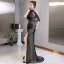 High End Schwarz Abendkleider 2020 Meerjungfrau Stehkragen Kurze Ärmel Perlenstickerei Gespaltete Front Sweep / Pinsel Zug Rückenfreies Festliche Kleider