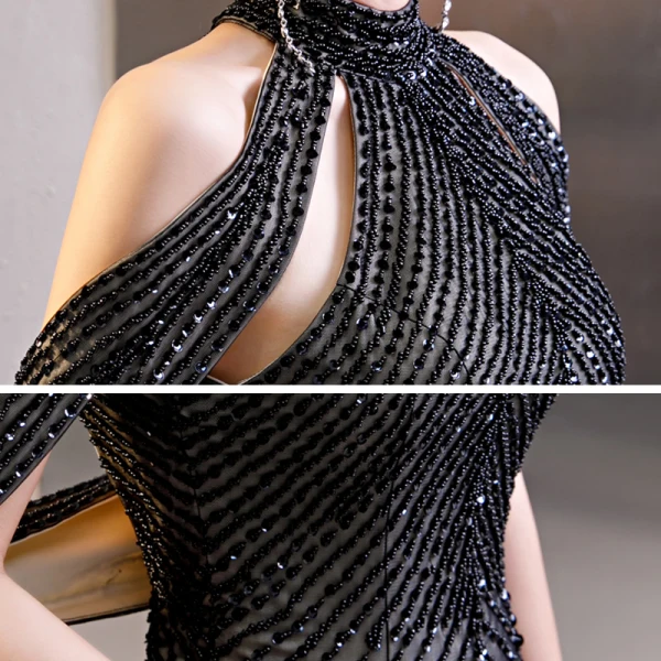 High End Schwarz Abendkleider 2020 Meerjungfrau Stehkragen Kurze Ärmel Perlenstickerei Gespaltete Front Sweep / Pinsel Zug Rückenfreies Festliche Kleider