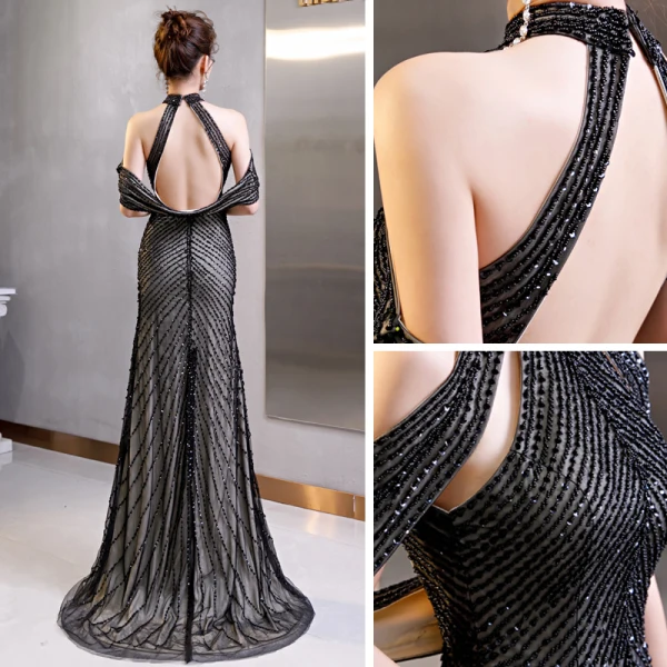 High End Schwarz Abendkleider 2020 Meerjungfrau Stehkragen Kurze Ärmel Perlenstickerei Gespaltete Front Sweep / Pinsel Zug Rückenfreies Festliche Kleider