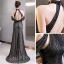 High End Schwarz Abendkleider 2020 Meerjungfrau Stehkragen Kurze Ärmel Perlenstickerei Gespaltete Front Sweep / Pinsel Zug Rückenfreies Festliche Kleider