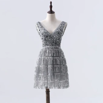 Fashion Grey Cocktail Dresses 2020 A Line Princess Deep V Neck Sleeveless Beading Sequins Tassel Short Backless Formal Dresses