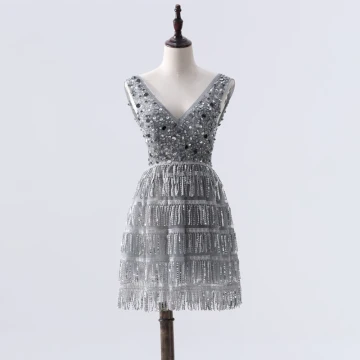 Fashion Grey Cocktail Dresses 2020 A Line Princess Deep V Neck Sleeveless Beading Sequins Tassel Short Backless Formal Dresses