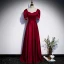 Modest / Simple Burgundy Satin Dancing Prom Dresses 2020 A-Line / Princess Square Neckline Puffy Short Sleeve Floor-Length / Long Pearl Ruffle Backless Formal Dresses