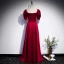 Modest / Simple Burgundy Satin Dancing Prom Dresses 2020 A-Line / Princess Square Neckline Puffy Short Sleeve Floor-Length / Long Pearl Ruffle Backless Formal Dresses