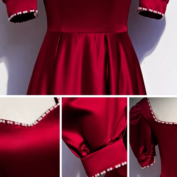 Modest / Simple Burgundy Satin Dancing Prom Dresses 2020 A-Line / Princess Square Neckline Puffy Short Sleeve Floor-Length / Long Pearl Ruffle Backless Formal Dresses