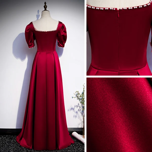 Modest / Simple Burgundy Satin Dancing Prom Dresses 2020 A-Line / Princess Square Neckline Puffy Short Sleeve Floor-Length / Long Pearl Ruffle Backless Formal Dresses