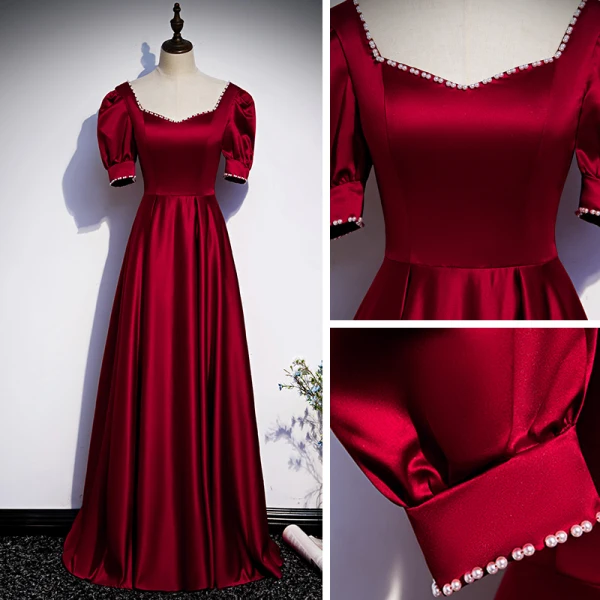 Modest / Simple Burgundy Satin Dancing Prom Dresses 2020 A-Line / Princess Square Neckline Puffy Short Sleeve Floor-Length / Long Pearl Ruffle Backless Formal Dresses