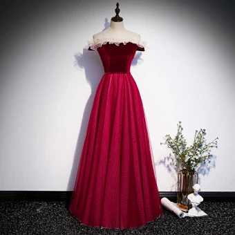 Chic Belle Bordeaux Dansant Robe De Bal 2020 Princesse De L 039 Épaule Manches Courtes Tachetée Tulle Longue Volants Robe De Ceremonie