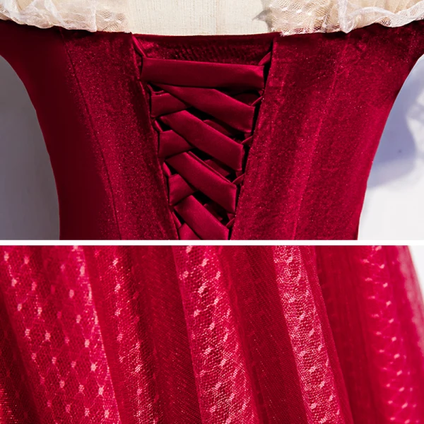 Chic / Beautiful Burgundy Dancing Prom Dresses 2020 A-Line / Princess Off-The-Shoulder Short Sleeve Spotted Tulle Floor-Length / Long Ruffle Formal Dresses