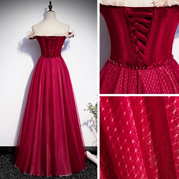 Chic / Beautiful Burgundy Dancing Prom Dresses 2020 A-Line / Princess Off-The-Shoulder Short Sleeve Spotted Tulle Floor-Length / Long Ruffle Formal Dresses
