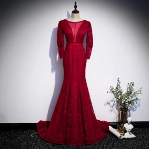 Vintage Originale Rouge Dentelle Transparentes Robe De Soirée 2020 Trompette Sirène Encolure Dégagée Gonflée Manches Longues Ceinture Longue Dos Nu Robe De Ceremonie