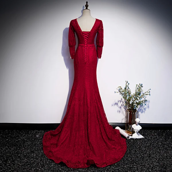 Vintage / Originale Rouge Dentelle Transparentes Robe De Soirée 2020 Trompette / Sirène Encolure Dégagée Gonflée Manches Longues Ceinture Longue Dos Nu Robe De Ceremonie