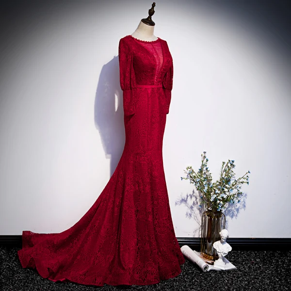 Vintage / Originale Rouge Dentelle Transparentes Robe De Soirée 2020 Trompette / Sirène Encolure Dégagée Gonflée Manches Longues Ceinture Longue Dos Nu Robe De Ceremonie