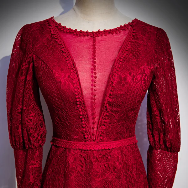Vintage / Originale Rouge Dentelle Transparentes Robe De Soirée 2020 Trompette / Sirène Encolure Dégagée Gonflée Manches Longues Ceinture Longue Dos Nu Robe De Ceremonie