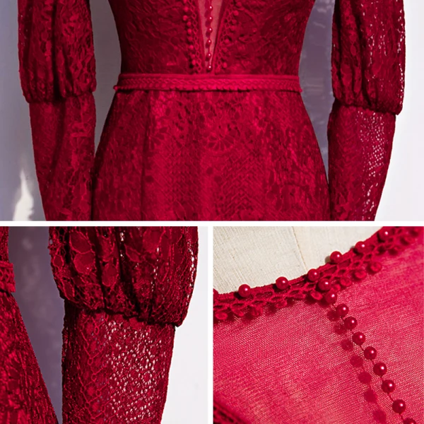 Vintage / Originale Rouge Dentelle Transparentes Robe De Soirée 2020 Trompette / Sirène Encolure Dégagée Gonflée Manches Longues Ceinture Longue Dos Nu Robe De Ceremonie