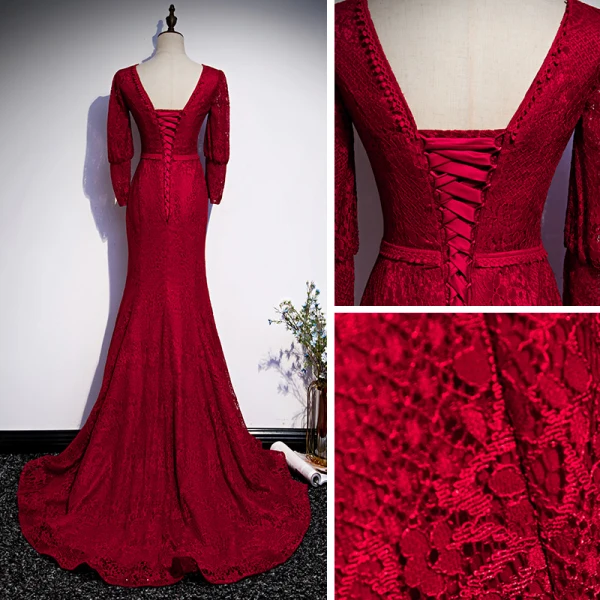 Vintage / Originale Rouge Dentelle Transparentes Robe De Soirée 2020 Trompette / Sirène Encolure Dégagée Gonflée Manches Longues Ceinture Longue Dos Nu Robe De Ceremonie