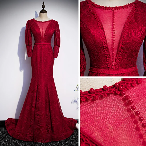 Vintage / Originale Rouge Dentelle Transparentes Robe De Soirée 2020 Trompette / Sirène Encolure Dégagée Gonflée Manches Longues Ceinture Longue Dos Nu Robe De Ceremonie