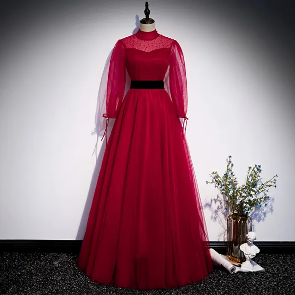 Vintage / Retro Red Dancing Prom Dresses 2020 A-Line / Princess See-through High Neck Puffy Long Sleeve Beading Sash Floor-Length / Long Ruffle Backless Formal Dresses