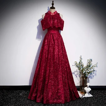 Chic Belle Bordeaux Robe De Soirée 2020 Princesse Col Haut Sans Manches Perlage Glitter Polyester Longue Volants Robe De Ceremonie