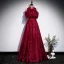 Chic / Beautiful Burgundy Evening Dresses  2020 A-Line / Princess High Neck Sleeveless Beading Glitter Polyester Floor-Length / Long Ruffle Formal Dresses