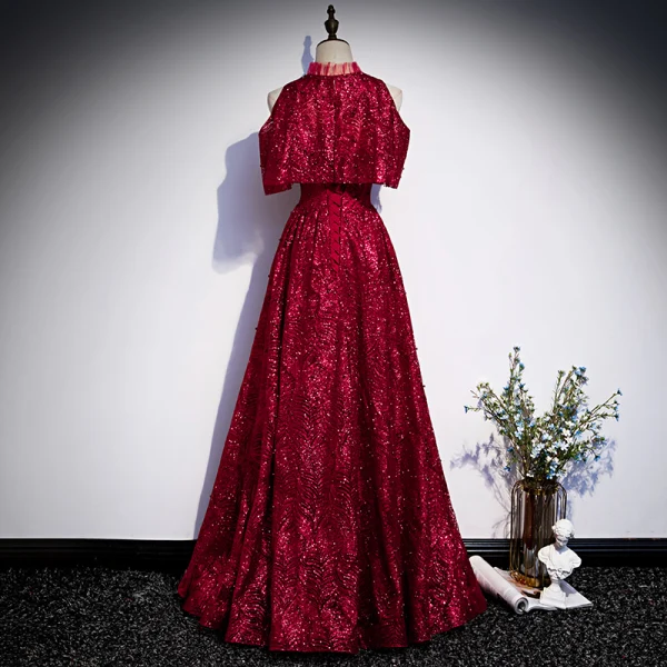 Chic / Beautiful Burgundy Evening Dresses  2020 A-Line / Princess High Neck Sleeveless Beading Glitter Polyester Floor-Length / Long Ruffle Formal Dresses