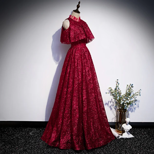 Chic / Beautiful Burgundy Evening Dresses  2020 A-Line / Princess High Neck Sleeveless Beading Glitter Polyester Floor-Length / Long Ruffle Formal Dresses