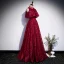 Chic / Beautiful Burgundy Evening Dresses  2020 A-Line / Princess High Neck Sleeveless Beading Glitter Polyester Floor-Length / Long Ruffle Formal Dresses