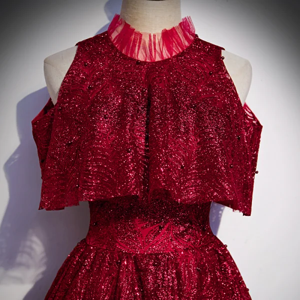 Chic / Beautiful Burgundy Evening Dresses  2020 A-Line / Princess High Neck Sleeveless Beading Glitter Polyester Floor-Length / Long Ruffle Formal Dresses