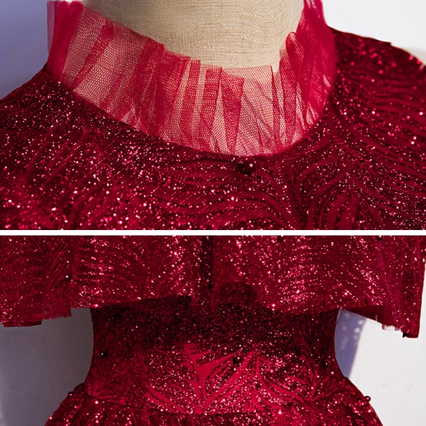Chic / Beautiful Burgundy Evening Dresses  2020 A-Line / Princess High Neck Sleeveless Beading Glitter Polyester Floor-Length / Long Ruffle Formal Dresses
